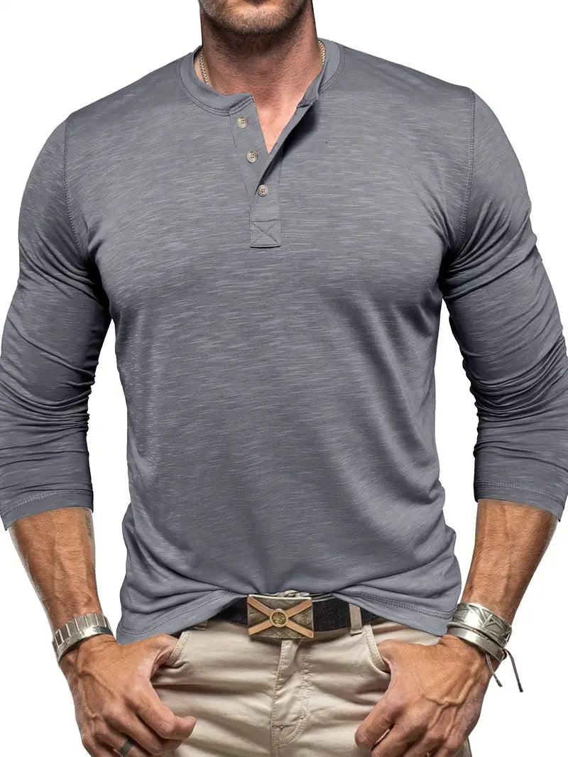 Classic Men's Cotton Henley Shirt with Long Sleeves