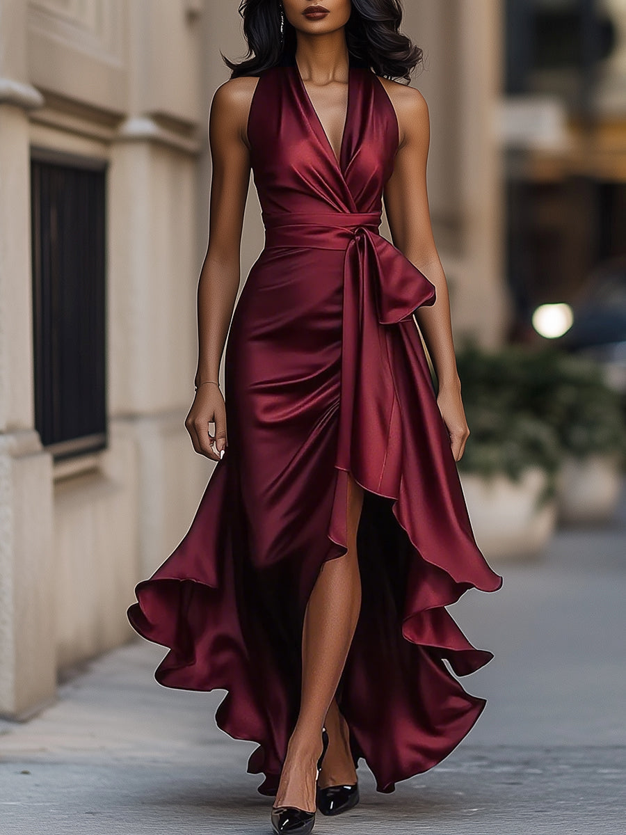 Isla | Satin Halter Gown with Ruffle Elegance