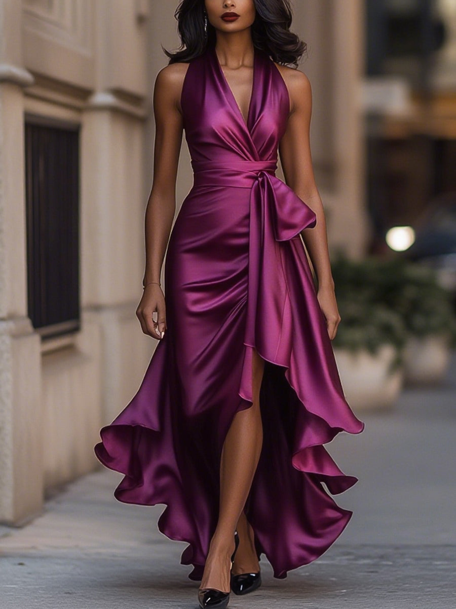 Isla | Satin Halter Gown with Ruffle Elegance