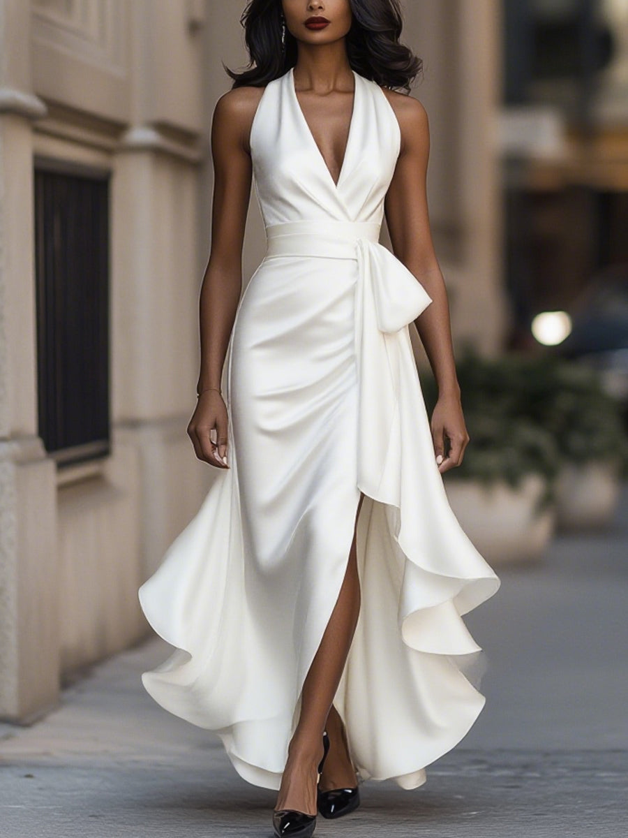 Isla | Satin Halter Gown with Ruffle Elegance