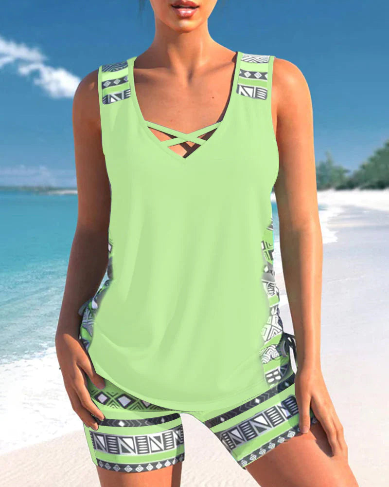 Geometric Pattern Tankini with V-Neckline