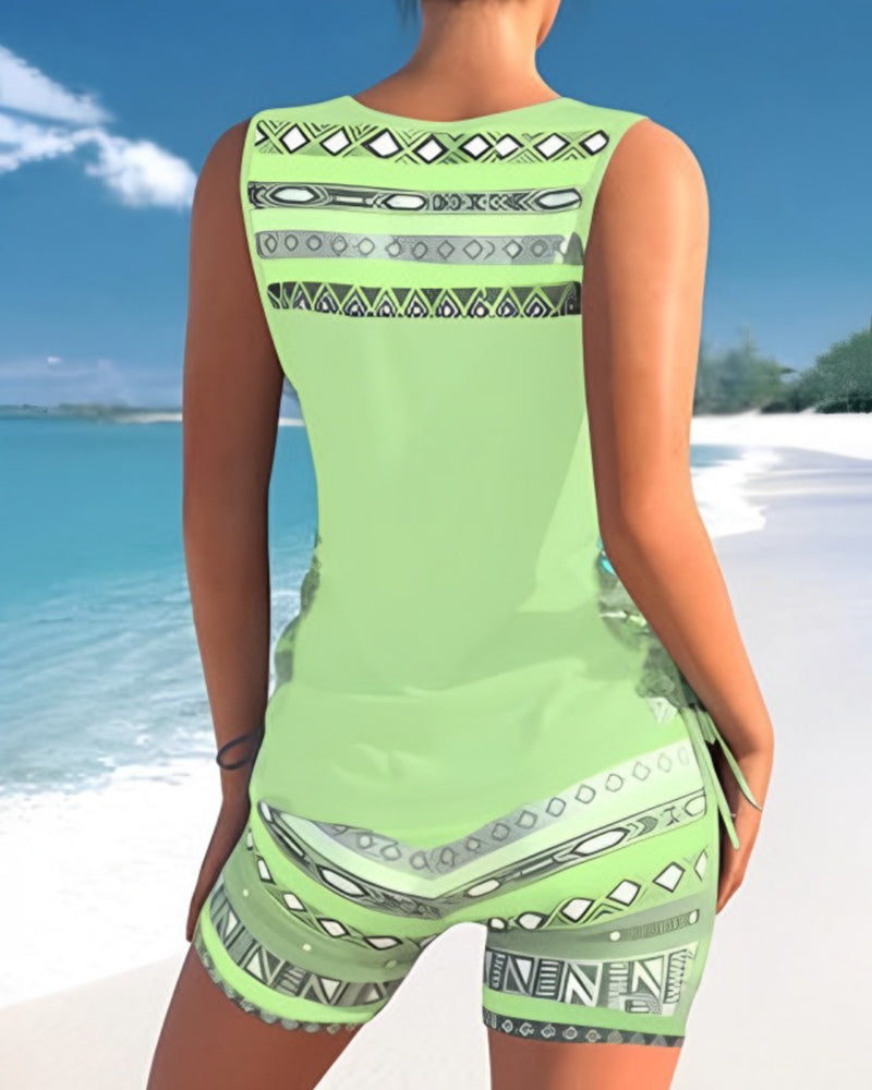 Geometric Pattern Tankini with V-Neckline