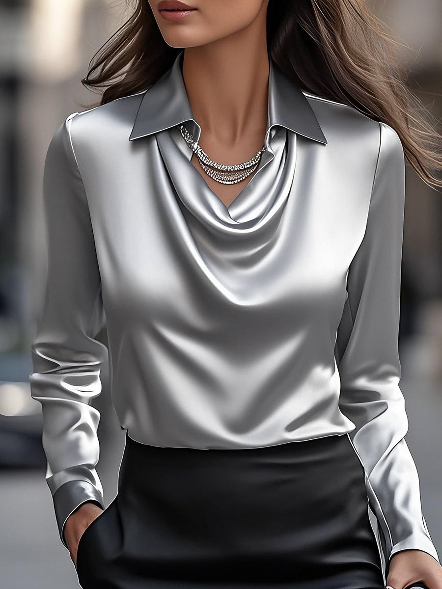 Harper | White Satin Blouse with Cowl Neck
