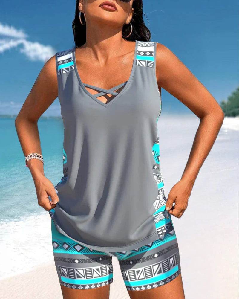 Geometric Pattern Tankini with V-Neckline