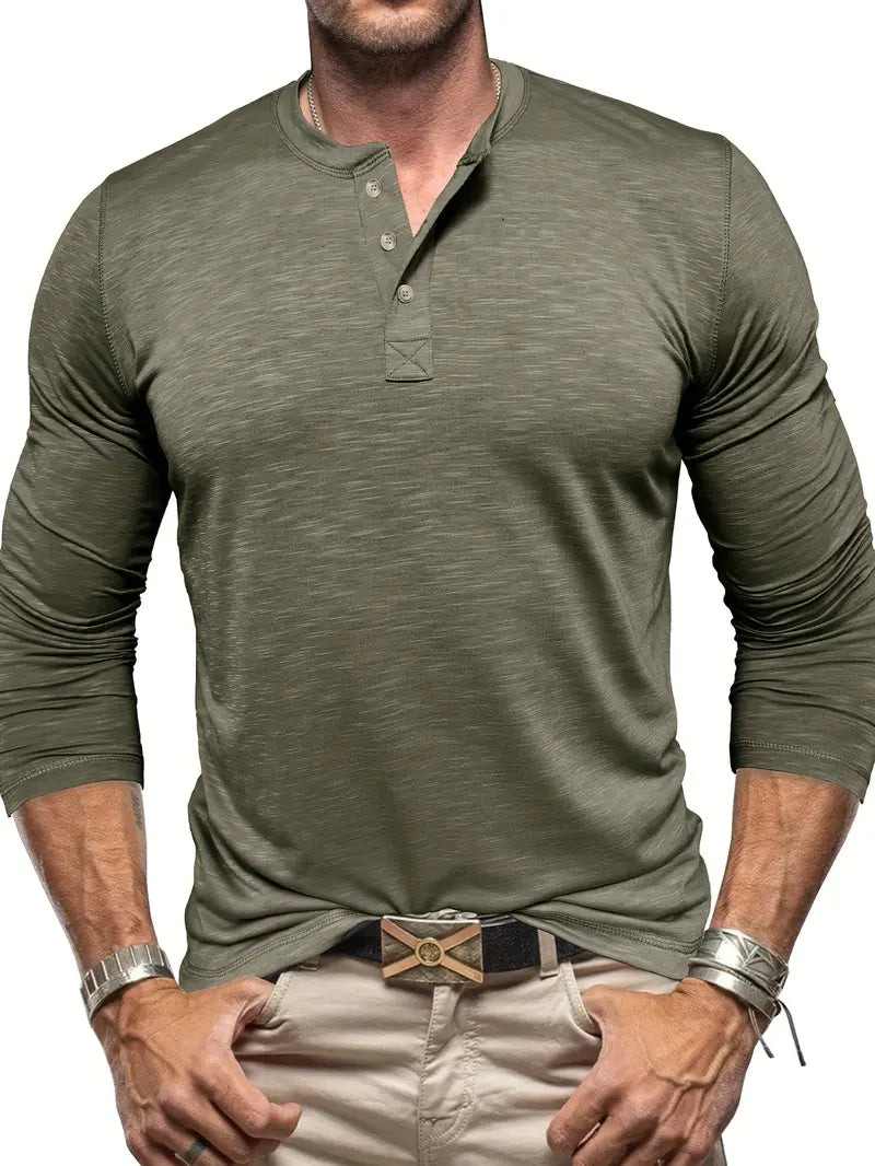 Classic Men's Cotton Henley Shirt with Long Sleeves