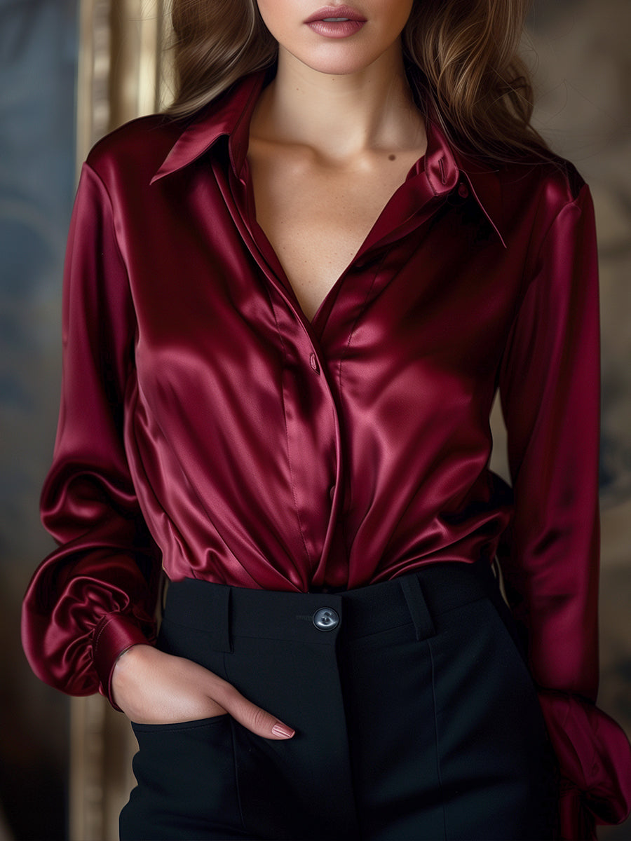 Layla | Black Satin Long-Sleeve Blouse