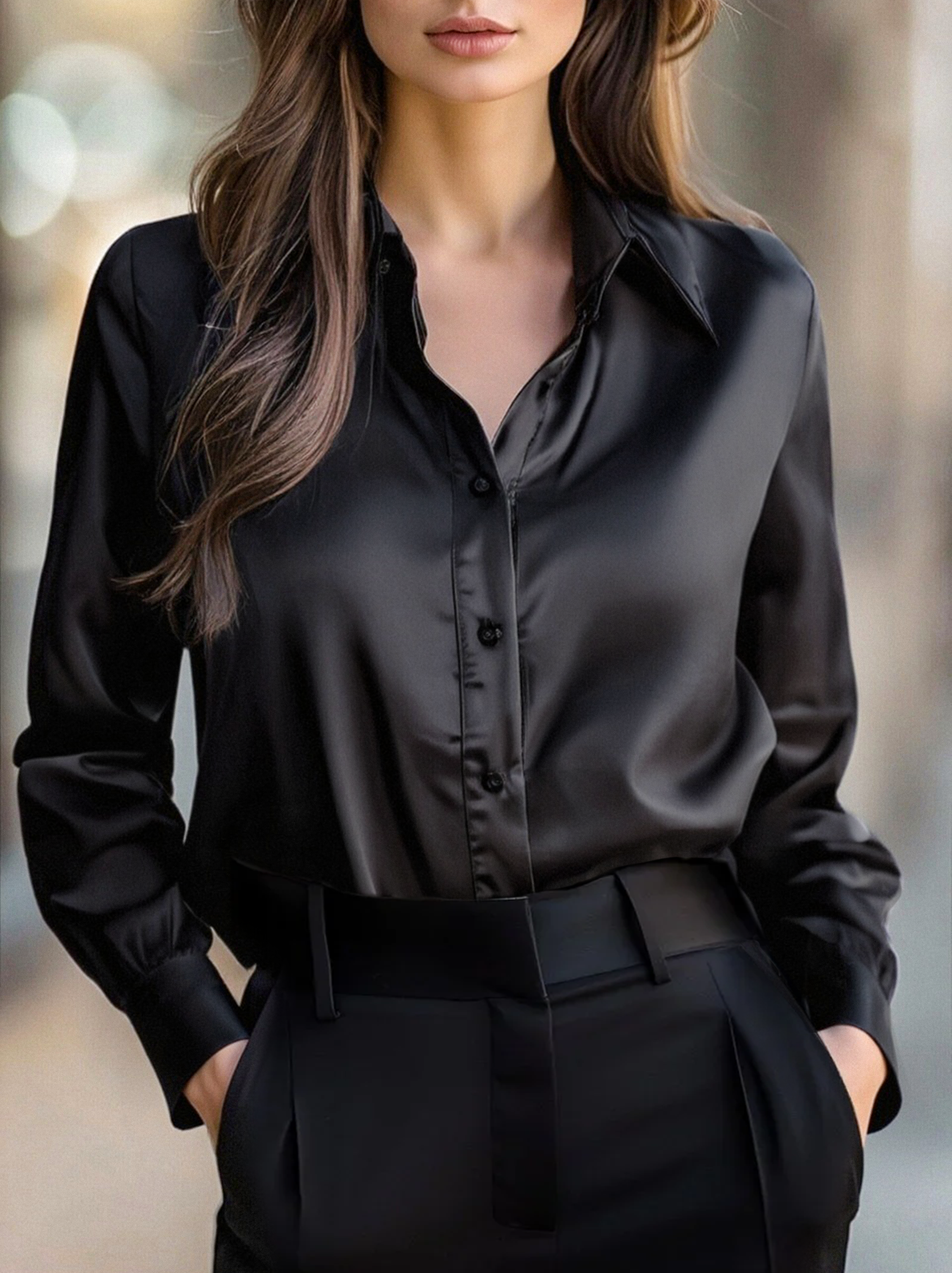 Layla | Black Satin Long-Sleeve Blouse
