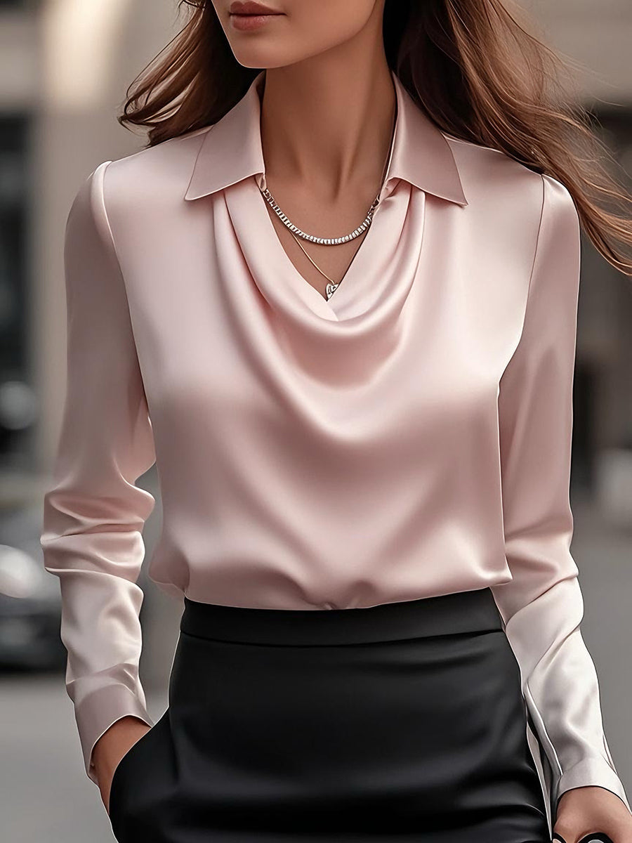 Harper | White Satin Blouse with Cowl Neck