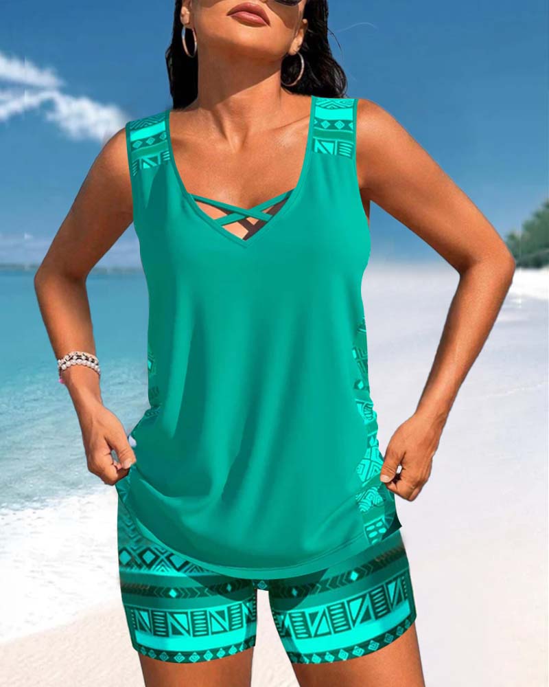 Geometric Pattern Tankini with V-Neckline