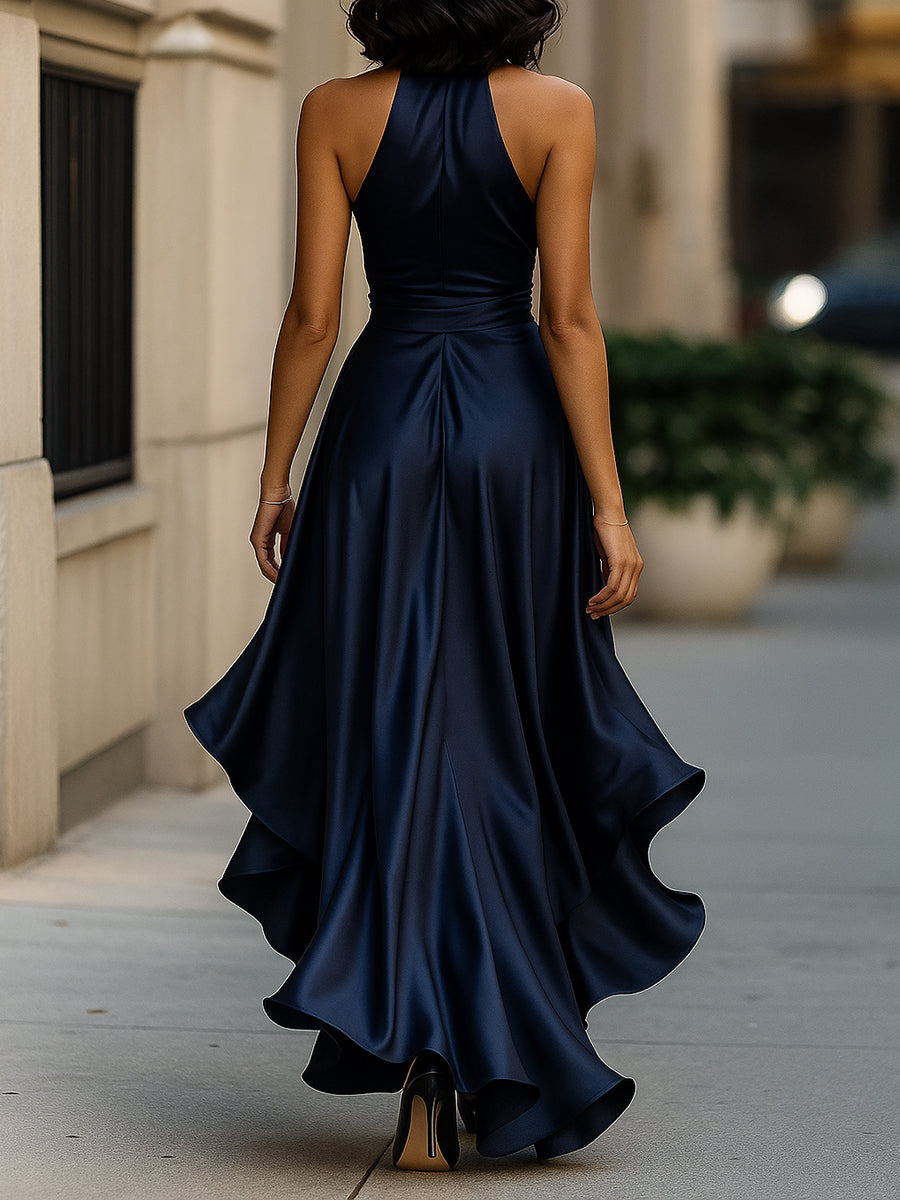 Isla | Satin Halter Gown with Ruffle Elegance