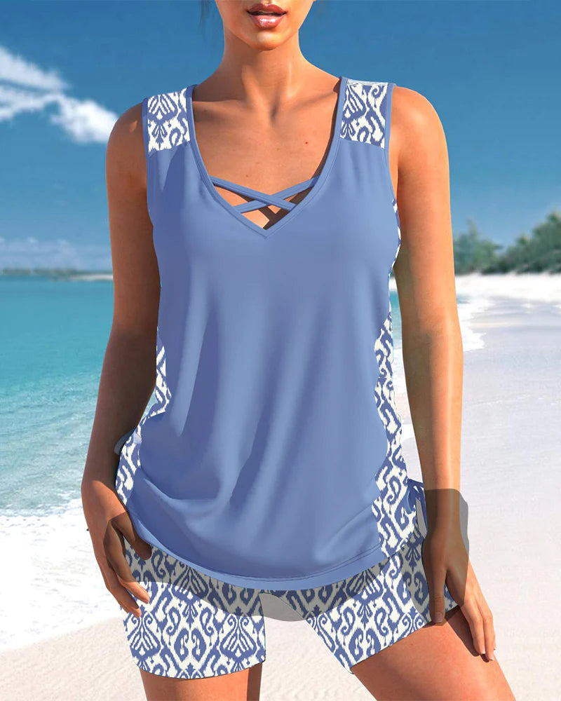 Geometric Pattern Tankini with V-Neckline