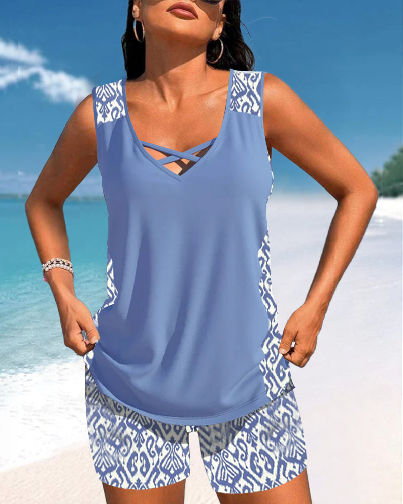 Geometric Pattern Tankini with V-Neckline