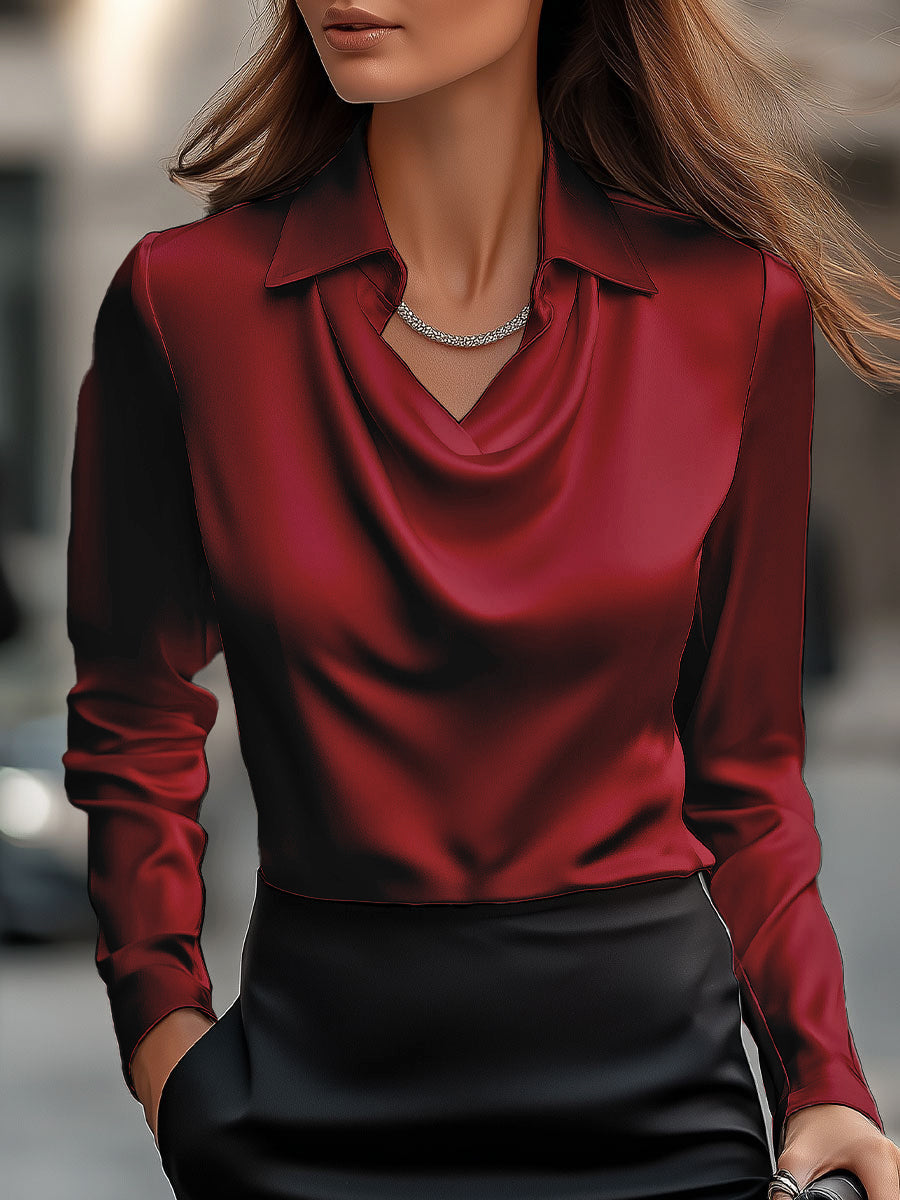 Harper | White Satin Blouse with Cowl Neck