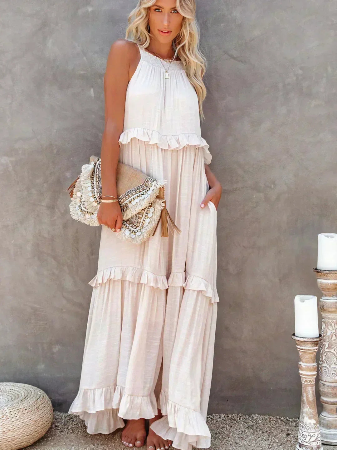 Mia | Elegant Halter Dress with Ruffle Trim