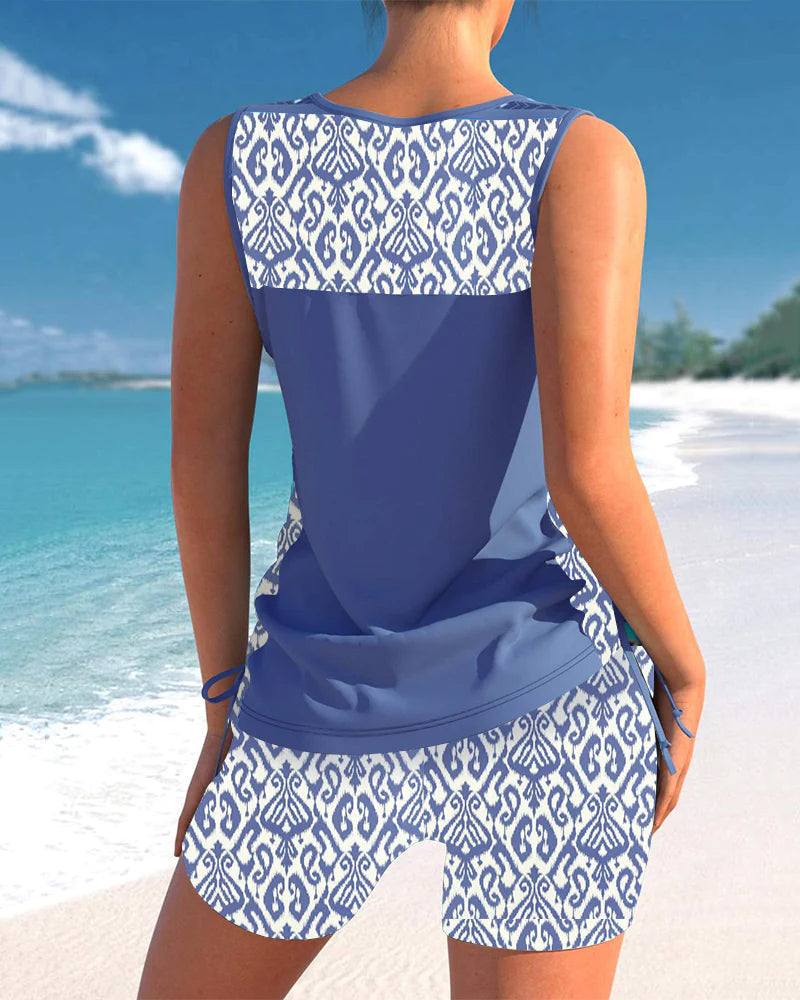 Geometric Pattern Tankini with V-Neckline
