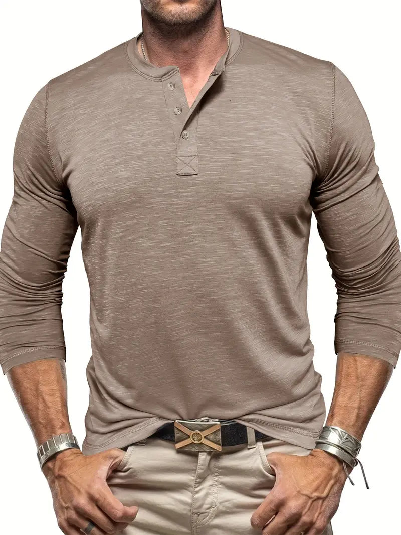 Classic Men's Cotton Henley Shirt with Long Sleeves