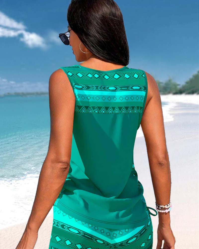 Geometric Pattern Tankini with V-Neckline