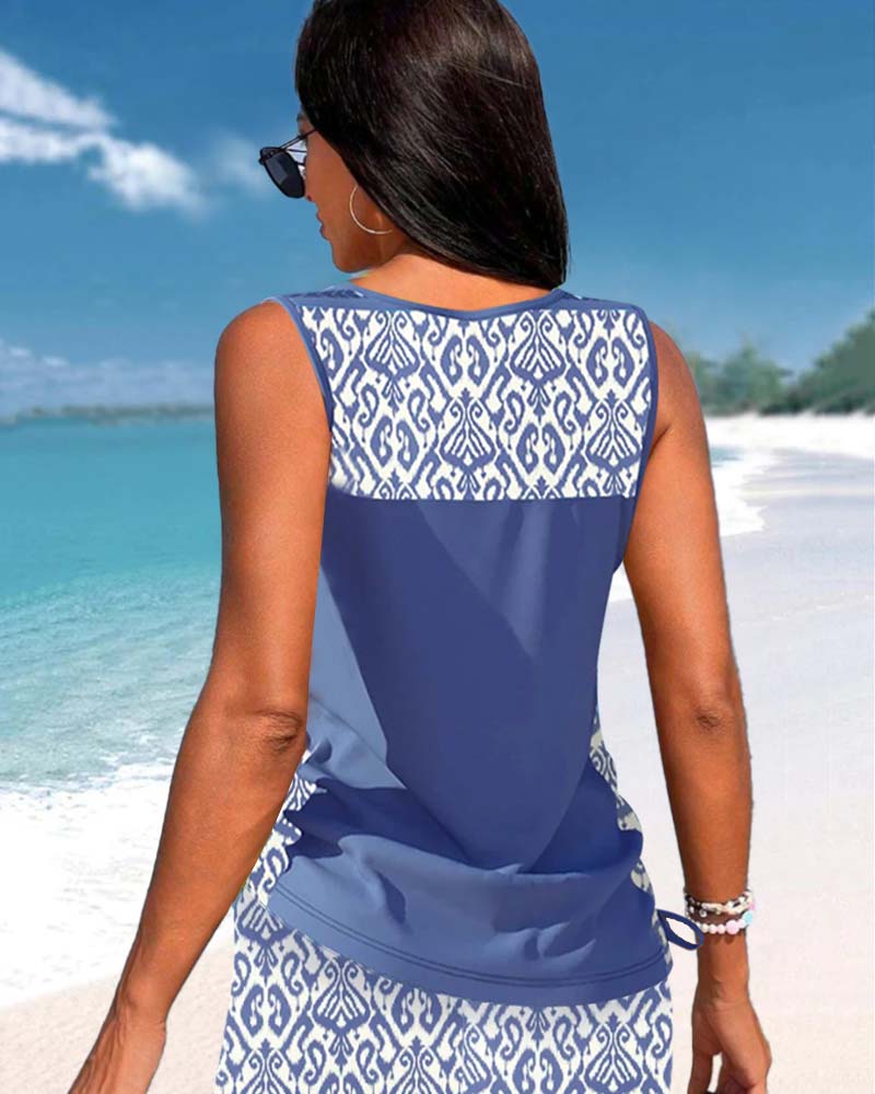 Geometric Pattern Tankini with V-Neckline