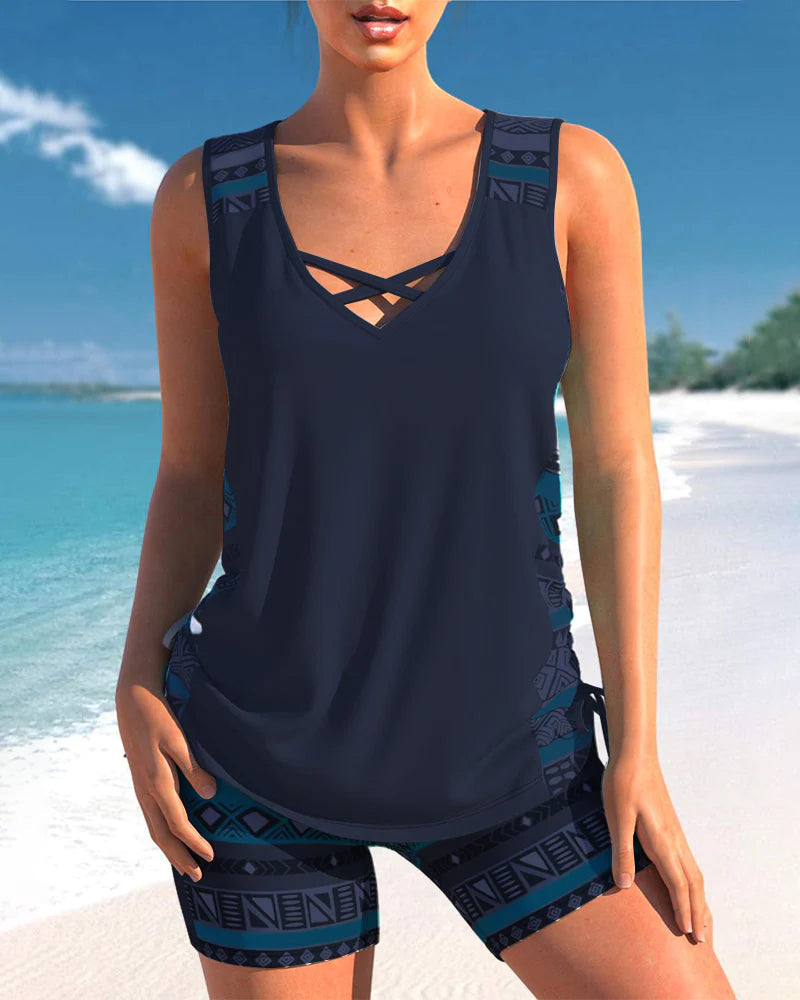 Geometric Pattern Tankini with V-Neckline