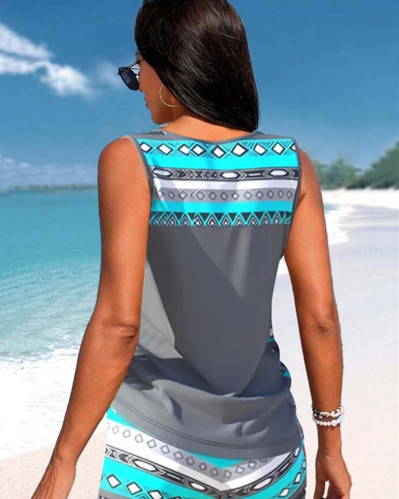 Geometric Pattern Tankini with V-Neckline