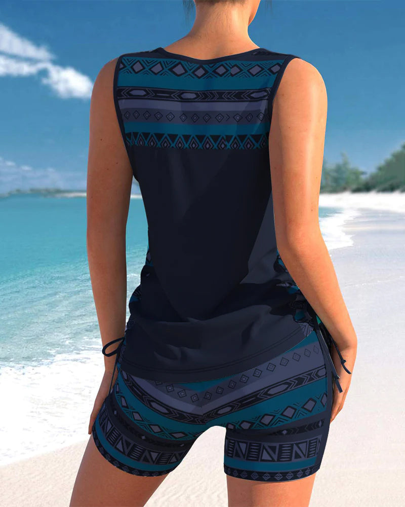 Geometric Pattern Tankini with V-Neckline