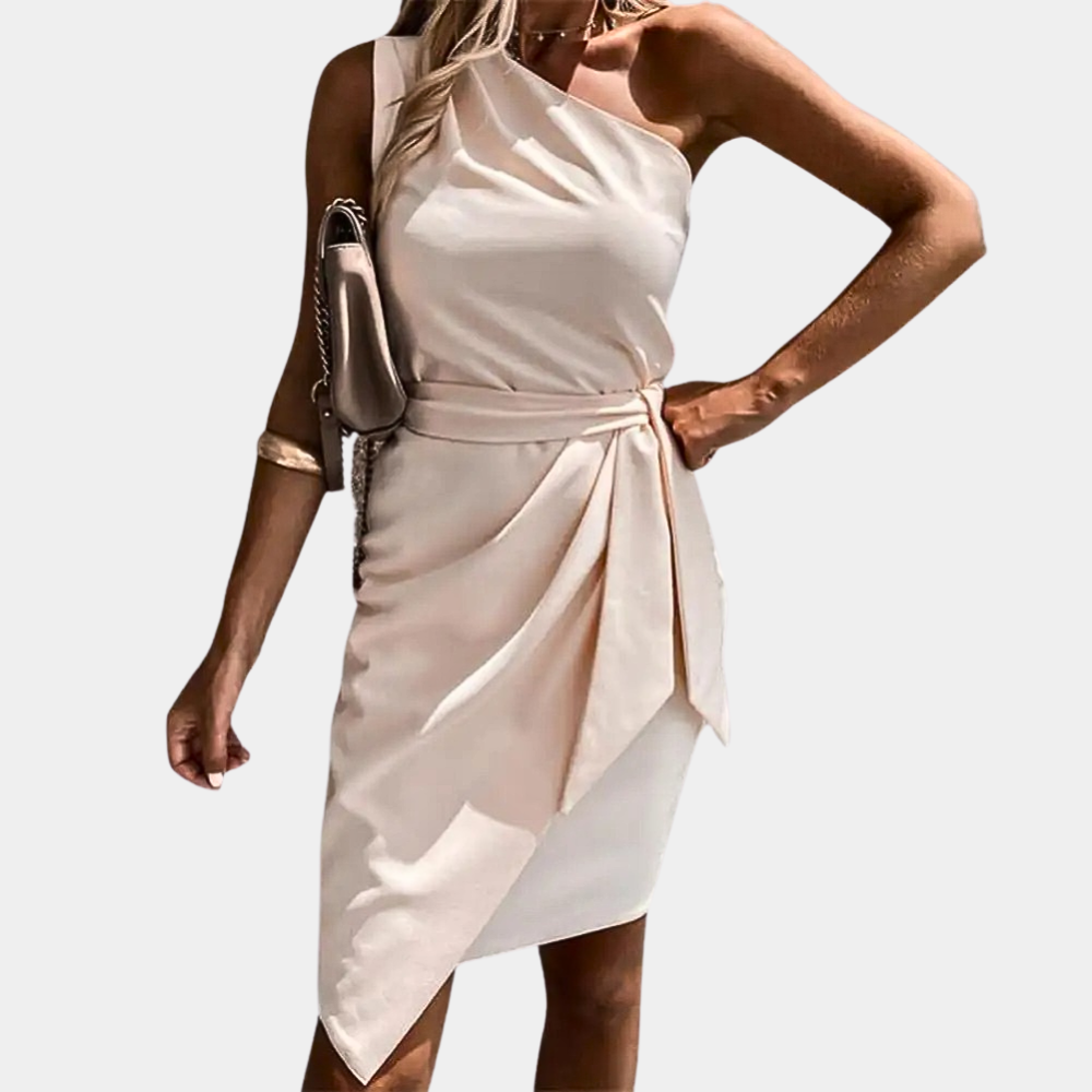 Chic One-Shoulder Dress with Waistband