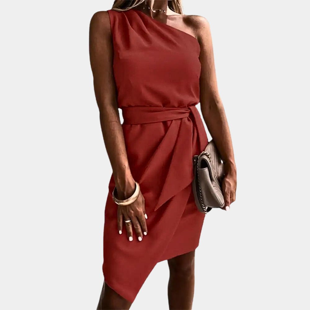 Chic One-Shoulder Dress with Waistband