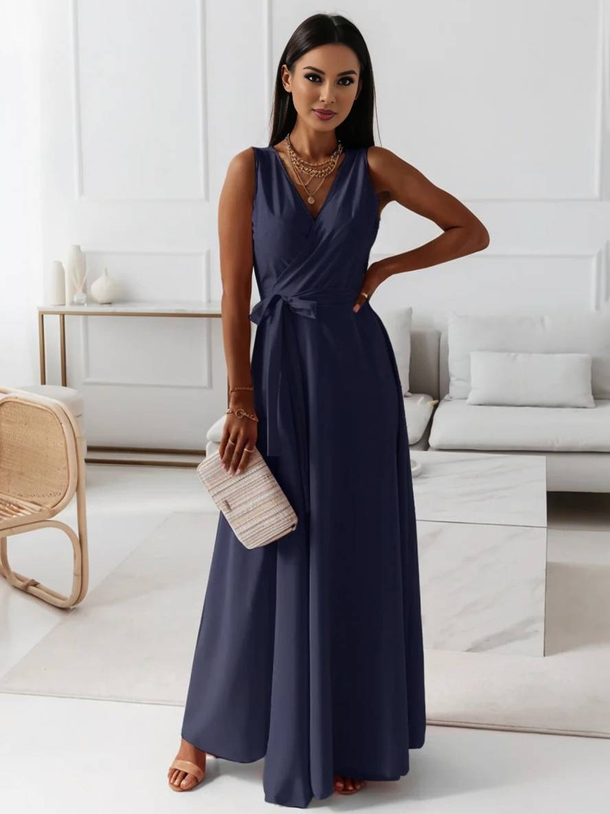 Evelyn | Elegant Evening Gown with V-Neck and Bow Belt