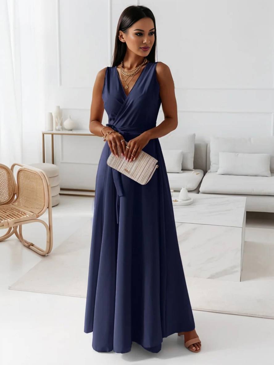Evelyn | Elegant Evening Gown with V-Neck and Bow Belt