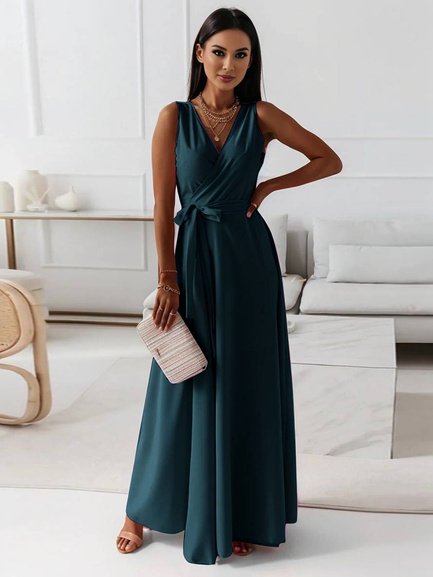 Evelyn | Elegant Evening Gown with V-Neck and Bow Belt