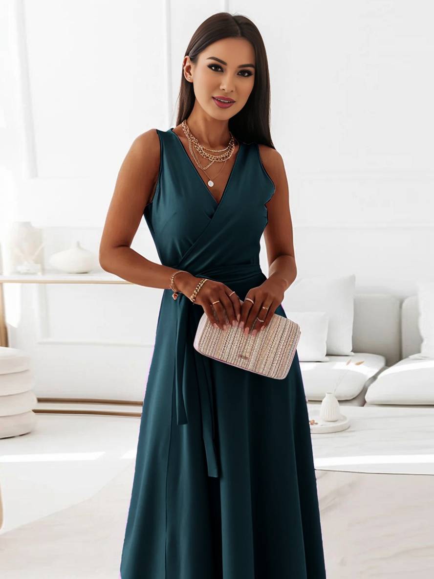 Evelyn | Elegant Evening Gown with V-Neck and Bow Belt