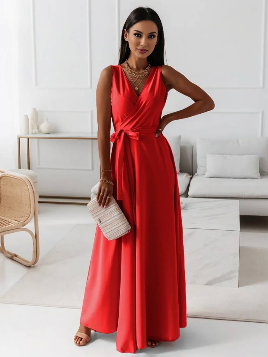 Evelyn | Elegant Evening Gown with V-Neck and Bow Belt