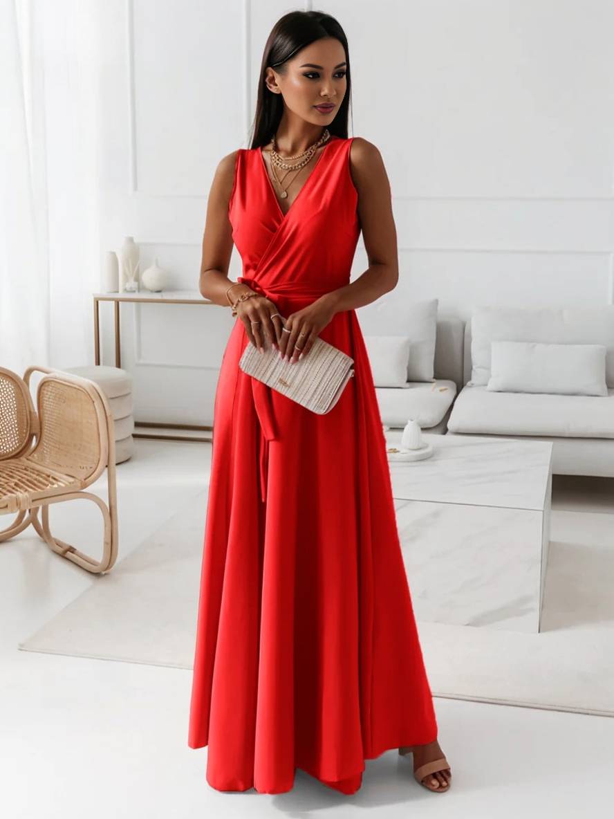 Evelyn | Elegant Evening Gown with V-Neck and Bow Belt