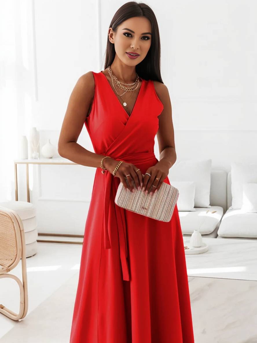Evelyn | Elegant Evening Gown with V-Neck and Bow Belt