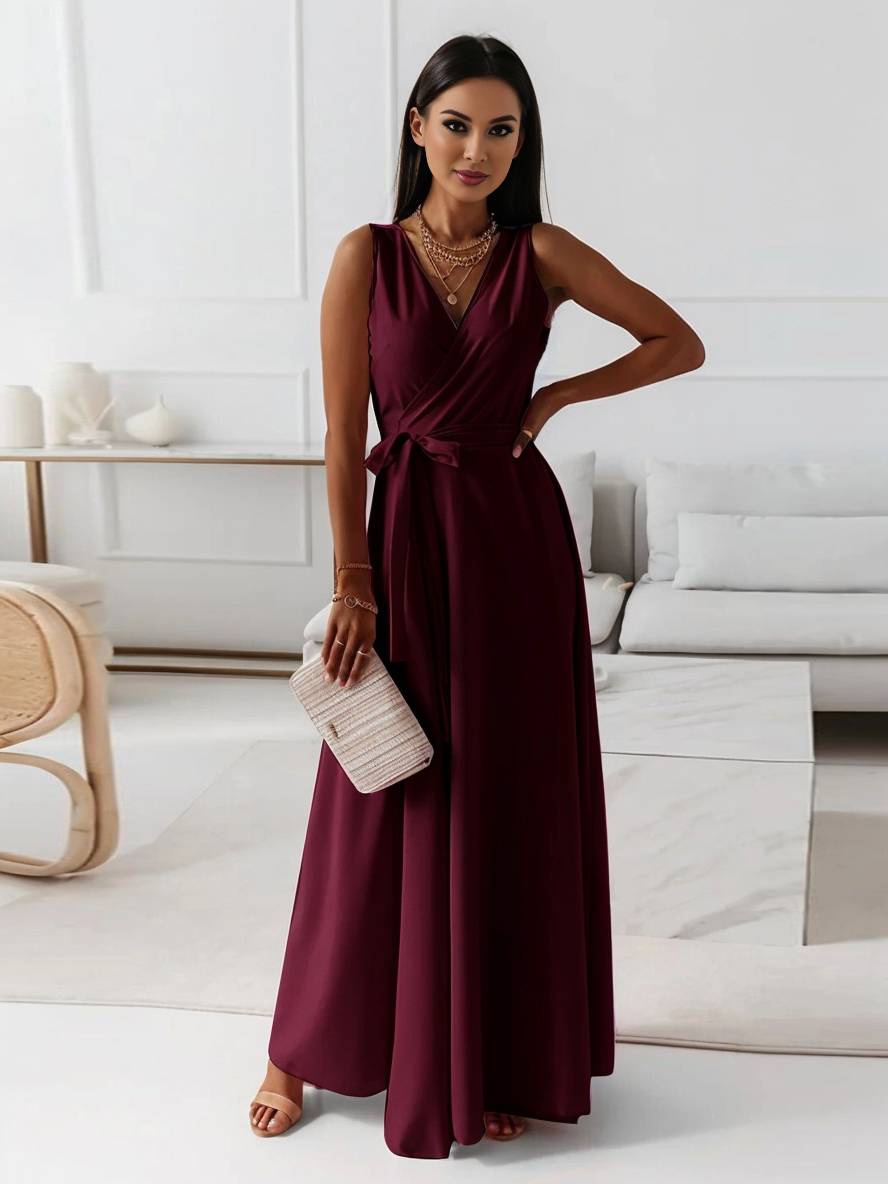 Evelyn | Elegant Evening Gown with V-Neck and Bow Belt
