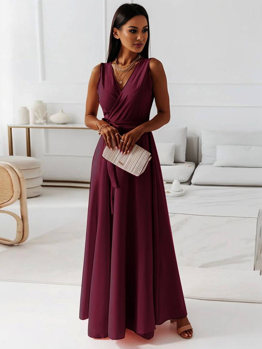Evelyn | Elegant Evening Gown with V-Neck and Bow Belt