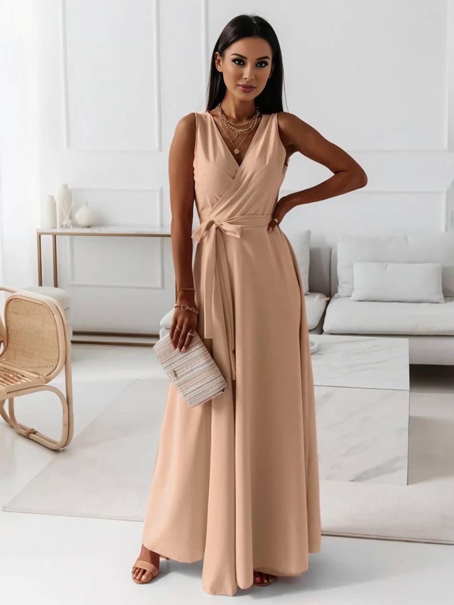 Evelyn | Elegant Evening Gown with V-Neck and Bow Belt