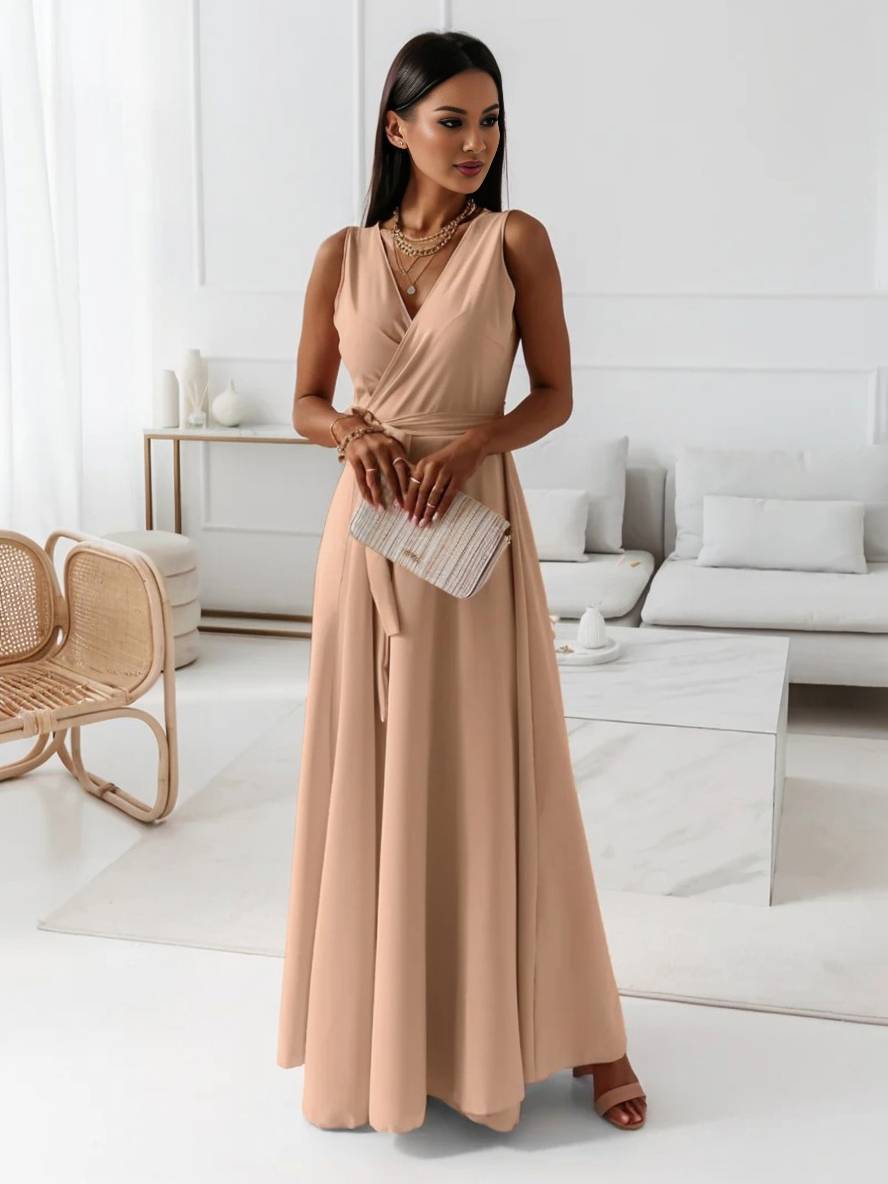 Evelyn | Elegant Evening Gown with V-Neck and Bow Belt