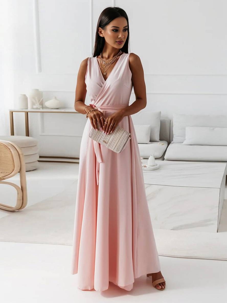 Evelyn | Elegant Evening Gown with V-Neck and Bow Belt
