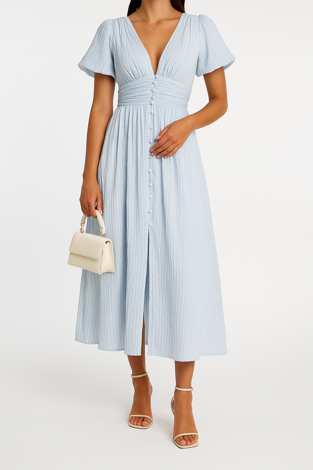 Eva | Women's Checked V-Neck Maxi Dress with Puff Sleeves