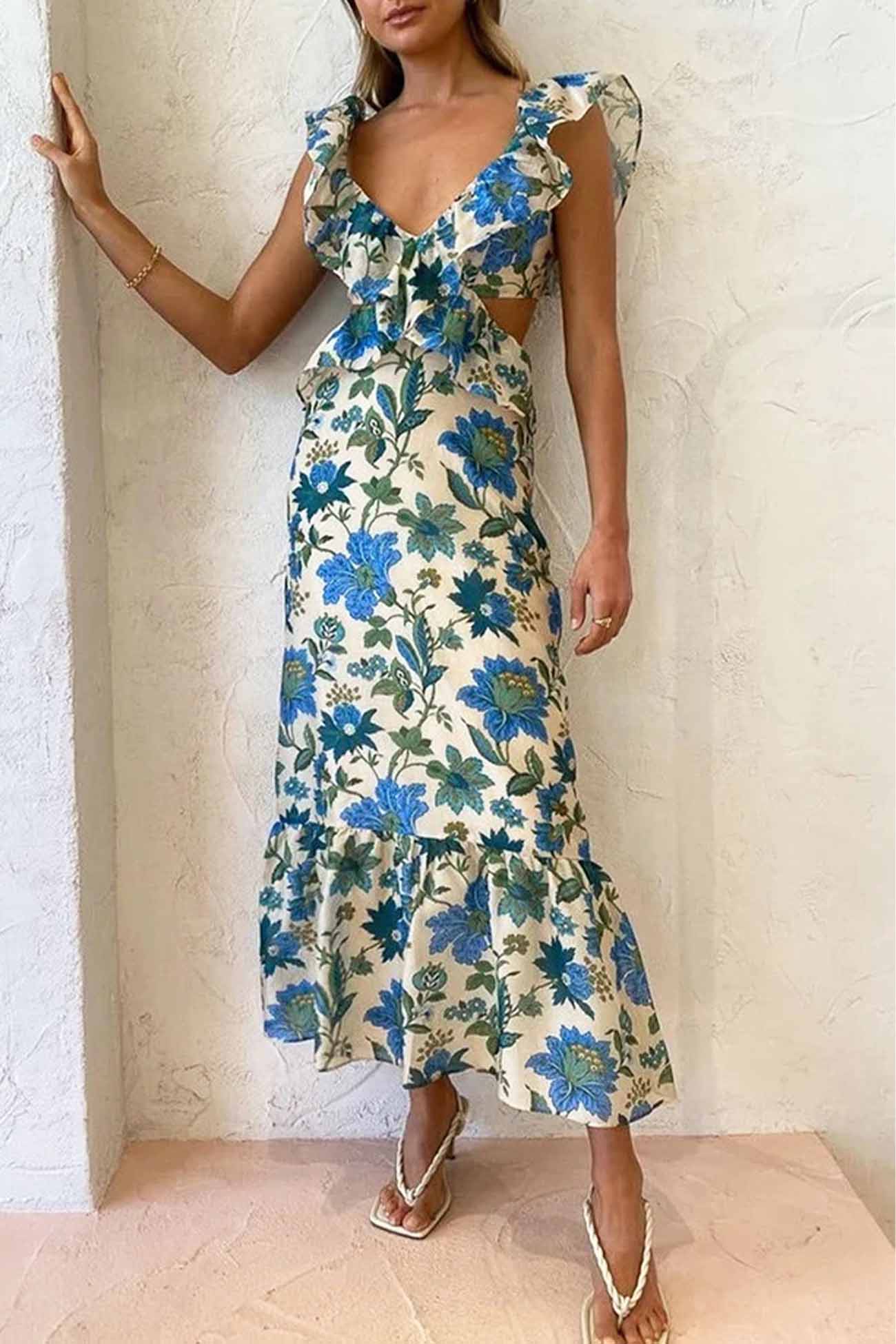 Piper | Women's Floral Ruffle V-Neck Maxi Dress