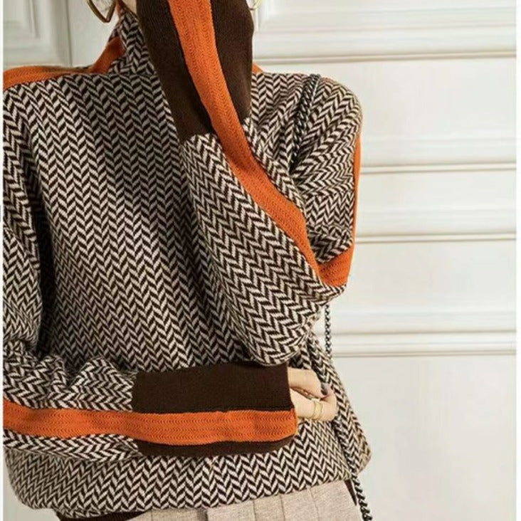 Geometric Knit Premium Rolling Collar Sweater