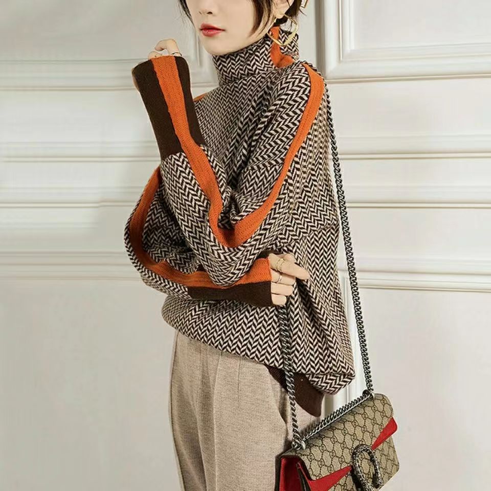Geometric Knit Premium Rolling Collar Sweater