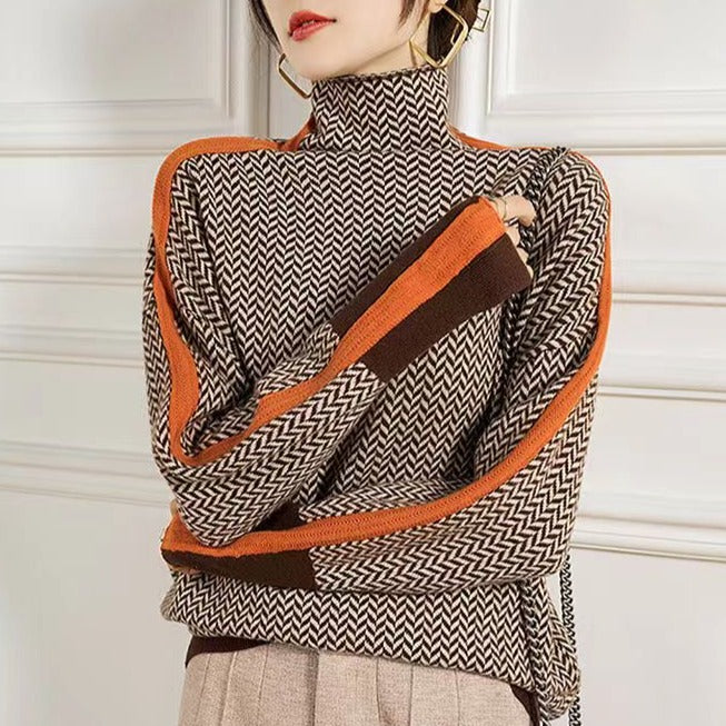 Geometric Knit Premium Rolling Collar Sweater