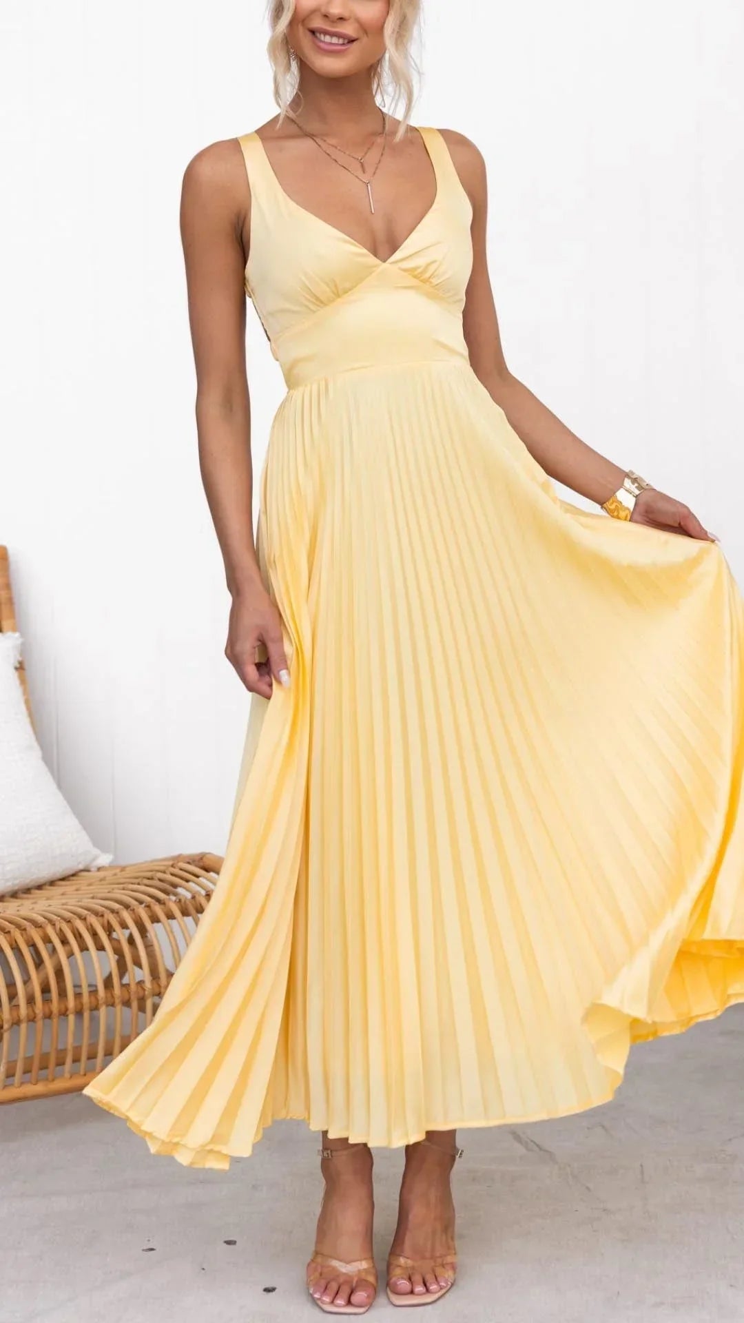 Zara | Elegant Yellow Pleated V-Neck Maxi Dress