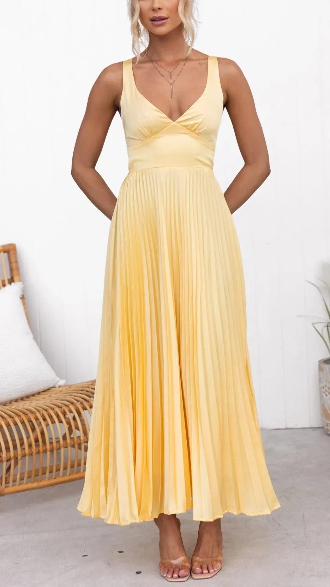 Zara | Elegant Yellow Pleated V-Neck Maxi Dress