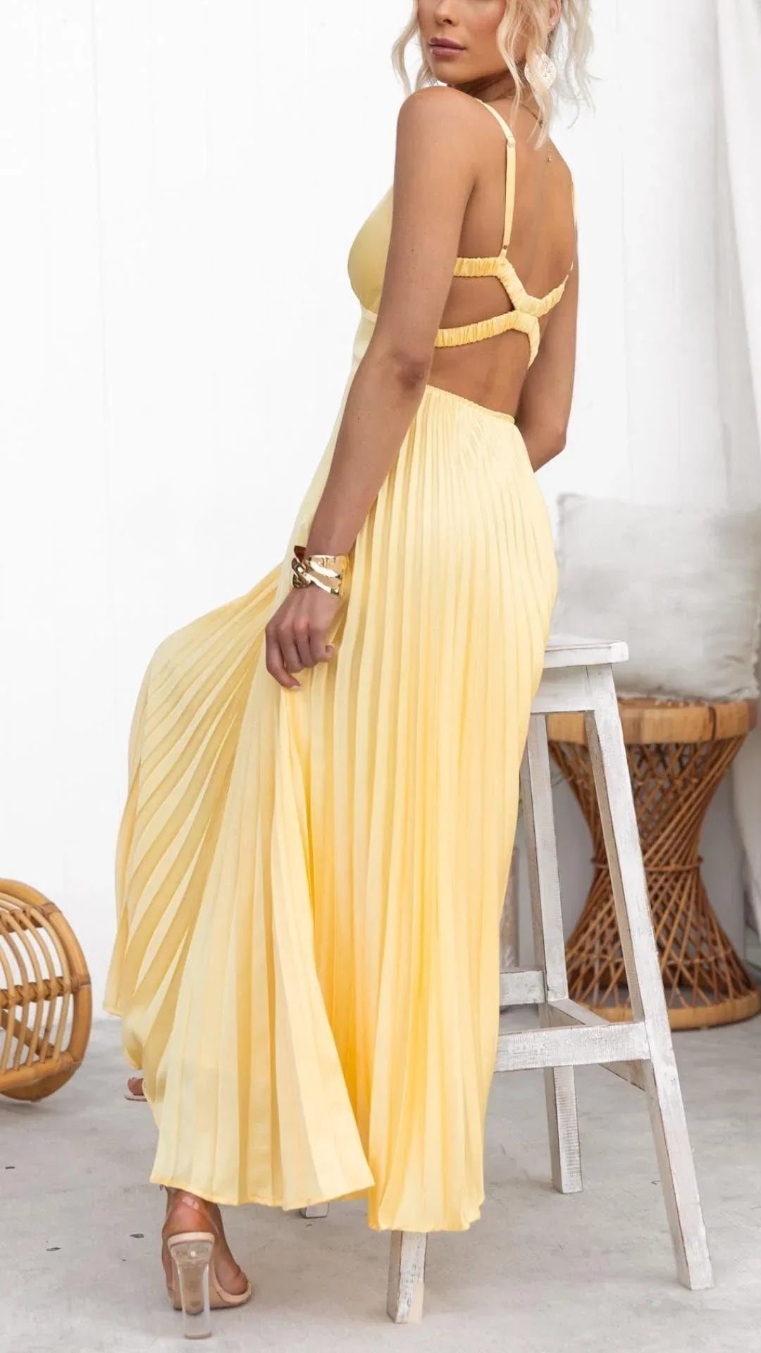 Zara | Elegant Yellow Pleated V-Neck Maxi Dress