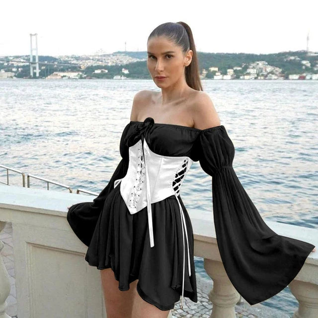 Women's Chiffon Mini Dress with Puff Sleeves & Corset