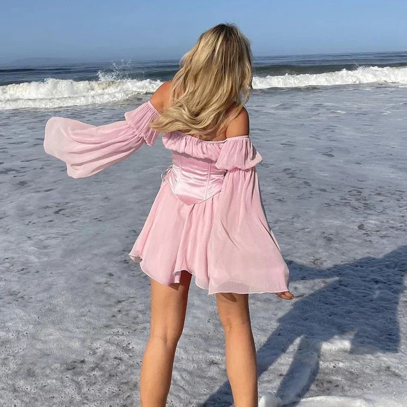 Women's Chiffon Mini Dress with Puff Sleeves & Corset
