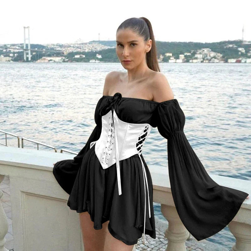 Women's Chiffon Mini Dress with Puff Sleeves & Corset